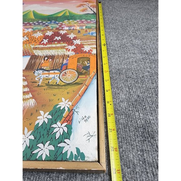 Nicaraguan Country Folk Art Oil Painting on Canvas Signed Flowers Village Life - Picture 5 of 7